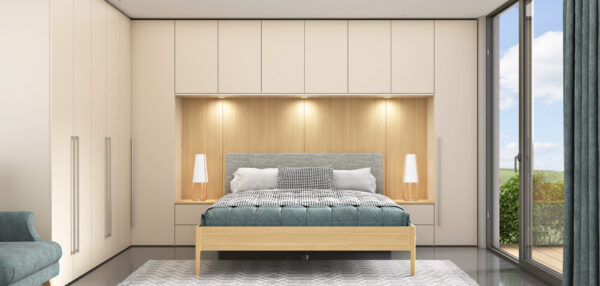 Corner built-in wardrobe with a bridge in the bedroom for optimal use of space.