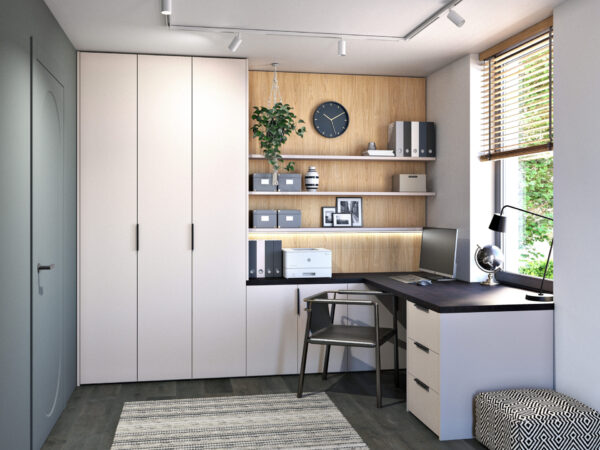 Built-in wardrobe with classic doors in the office, ensuring perfect organization of documents and items.