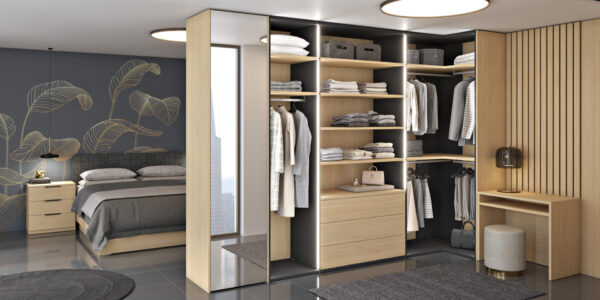 Otvoreni ugradbeni ormar s ogledalom i toaletnim kutkom, uz mogućnost velikog izbora boja i potpune usklađenosti s namještajem Alples.